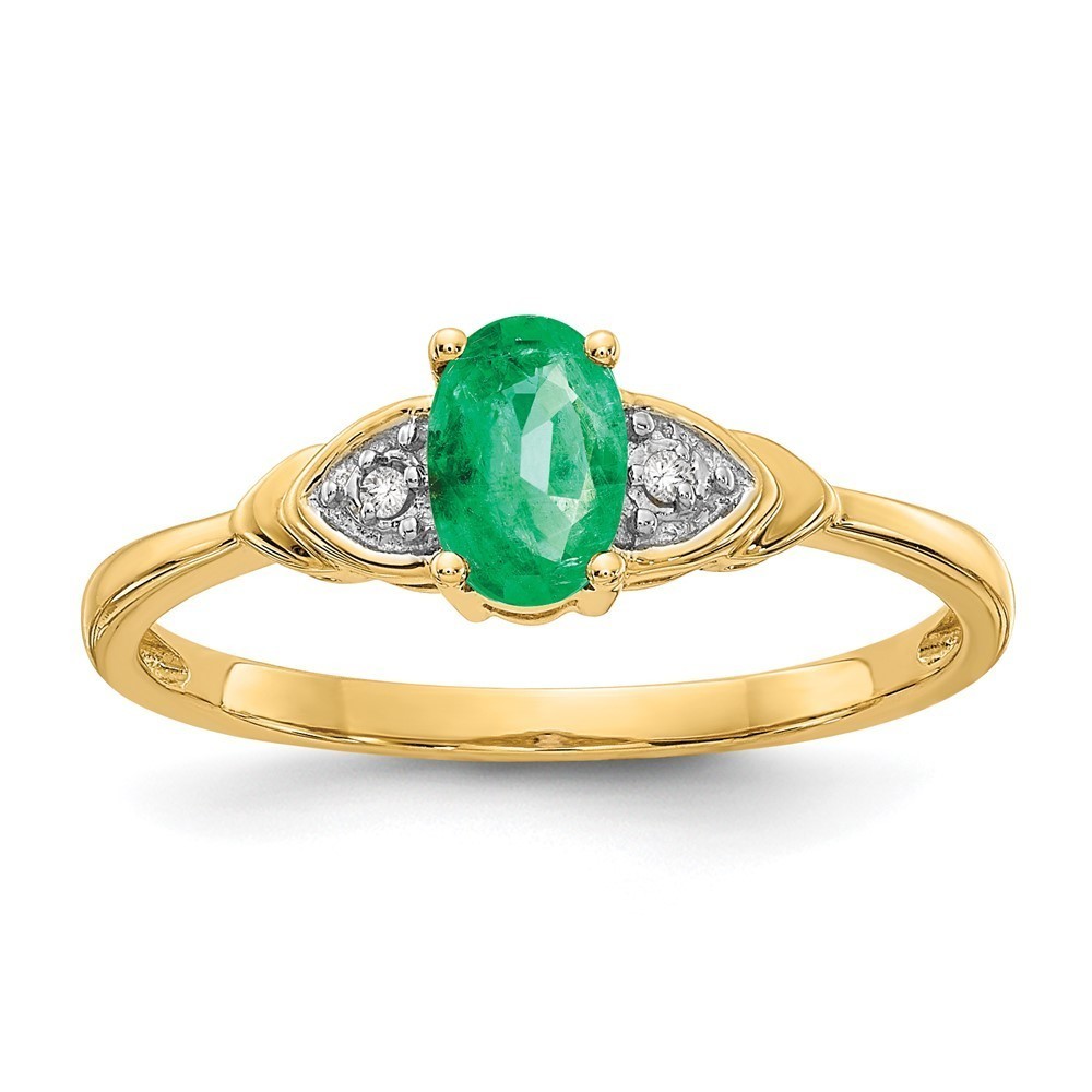 Million Charms 14k Yellow Gold Green Emerald and Diamond Ring, Size 7